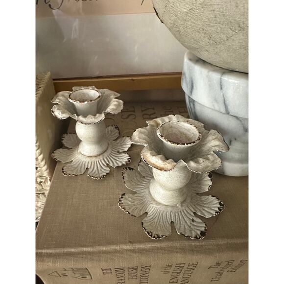 White metal floral taper candle holders distressed primitive pair cottage set - Picture 2 of 10